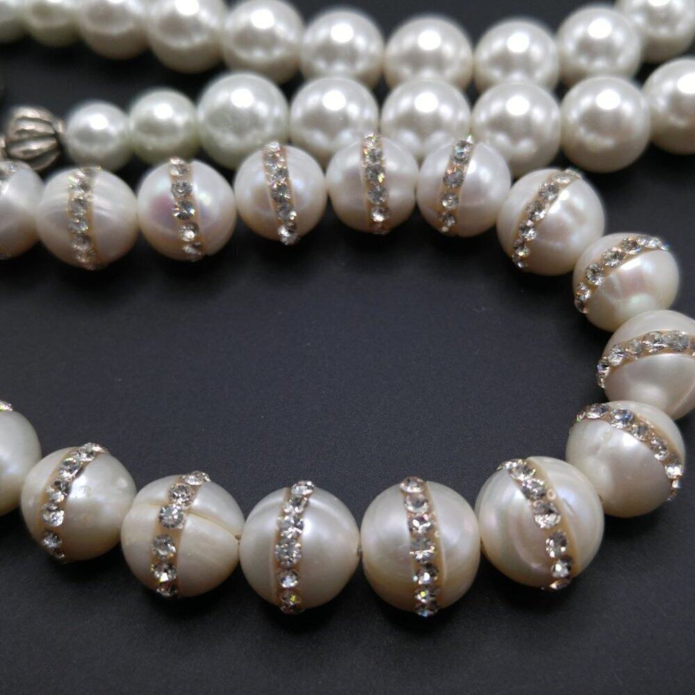Handcrafted Freshwater Pearl Rhinestone Necklace 32” Long Statement Strand